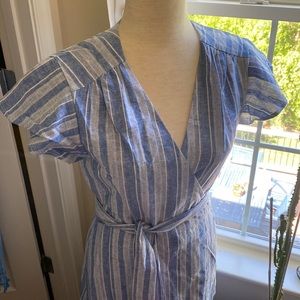 🤍Draper James Linen Wrap Dress in Blue Linen Stripe